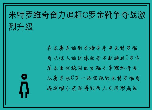 米特罗维奇奋力追赶C罗金靴争夺战激烈升级 米特罗维奇奋力追赶C罗金靴争夺战激烈升级