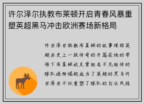 许尔泽尔执教布莱顿开启青春风暴重塑英超黑马冲击欧洲赛场新格局 许尔泽尔执教布莱顿开启青春风暴重塑英超黑马冲击欧洲赛场新格局